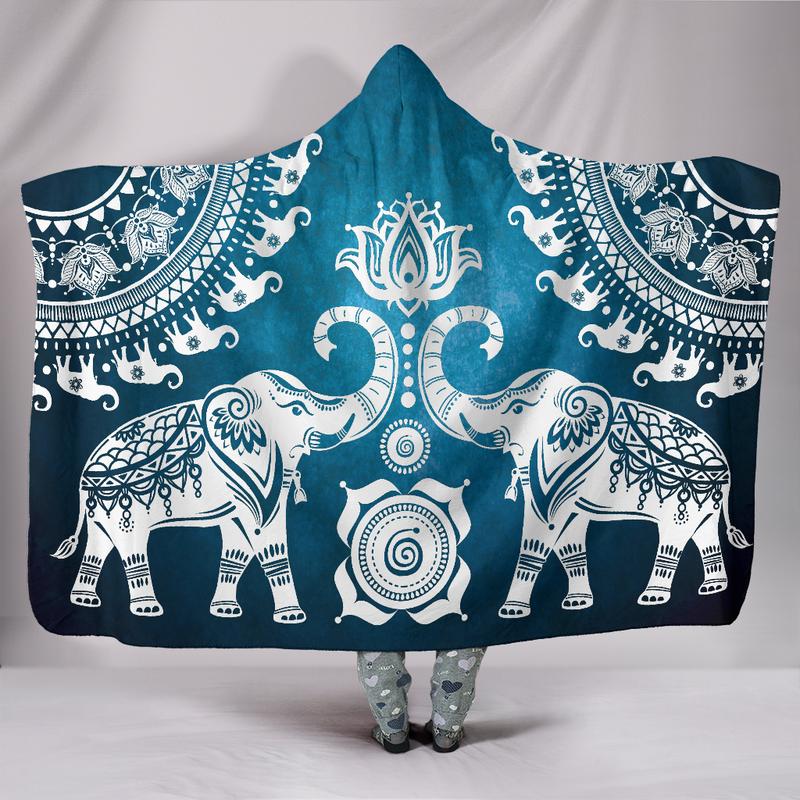 Blue Mandala Elephant Hooded Blanket
