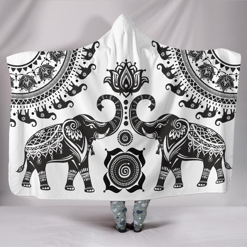 White Mandala Elephant Hooded Blanket