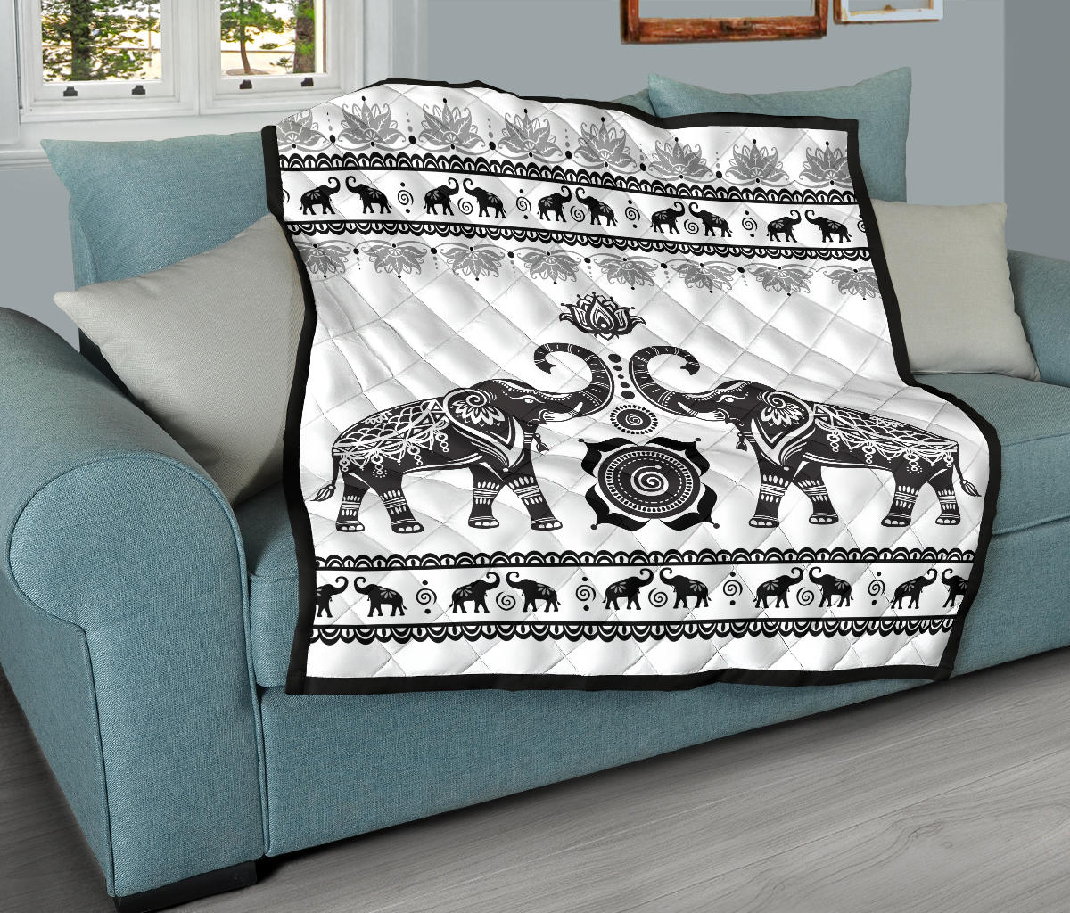 White Mandala Elephant Quilt