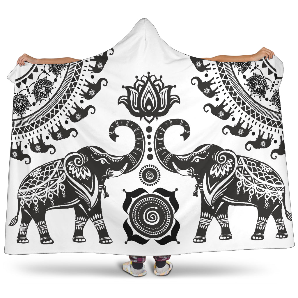White Mandala Elephant Hooded Blanket