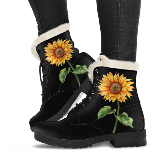 Faux Fur Leather Boots Floral Wildflowers
