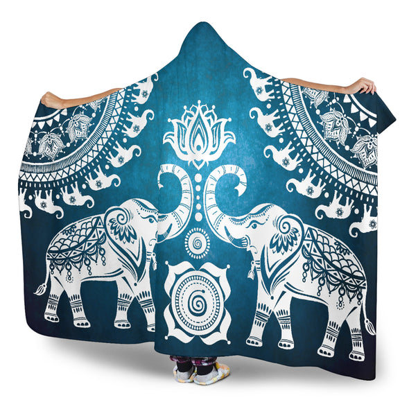 Blue Mandala Elephant Hooded Blanket