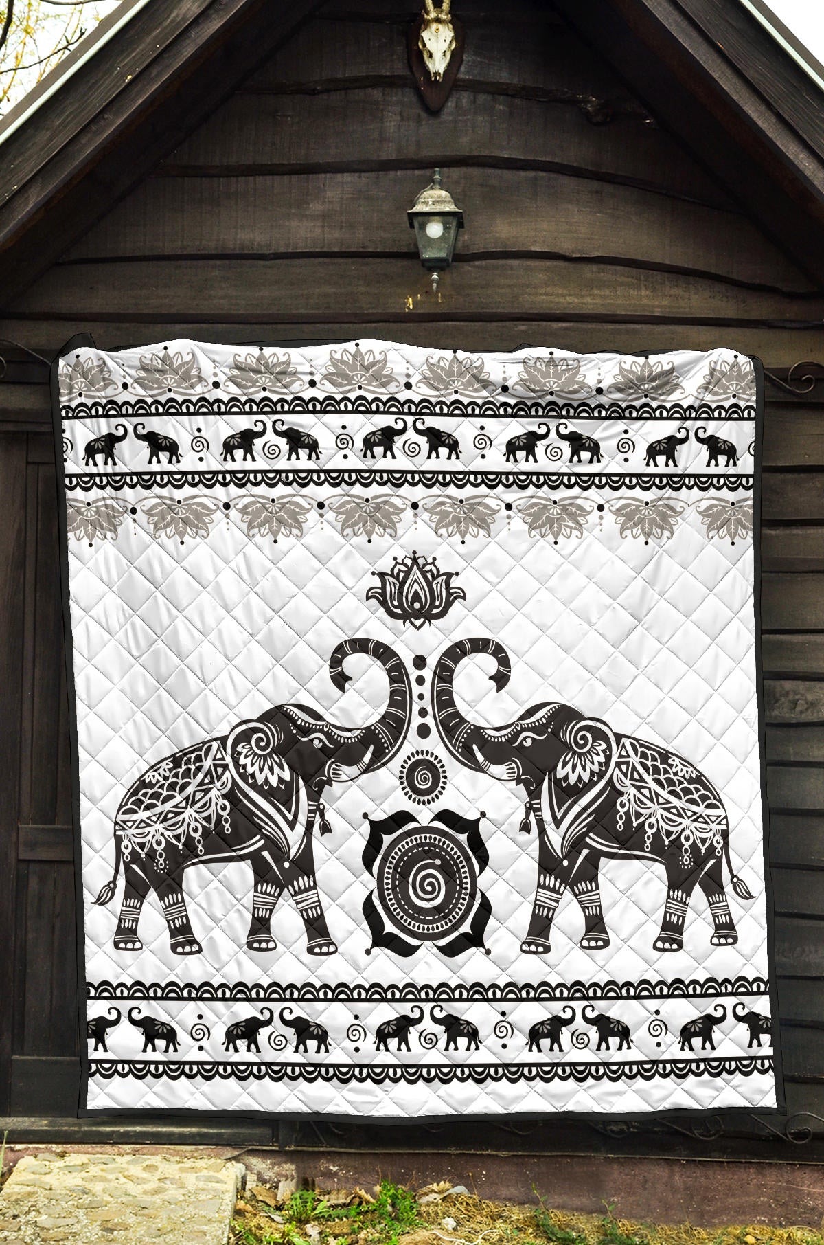 White Mandala Elephant Quilt